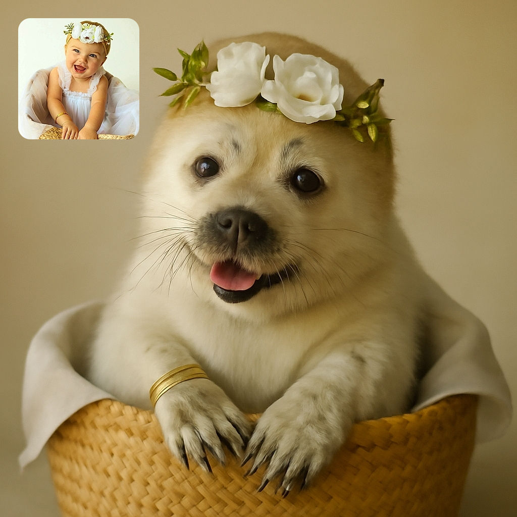 A joyful baby with a floral headband and a white dress sits happily inside a woven basket, reaching out with tiny hands and flashing a bright, toothy smile that lights up the soft, neutral background.