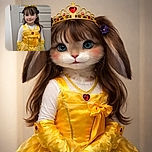 A cheerful little girl dressed as a princess in a bright yellow gown with matching gloves and a sparkling tiara, standing indoors with a playful smile and rosy cheeks.