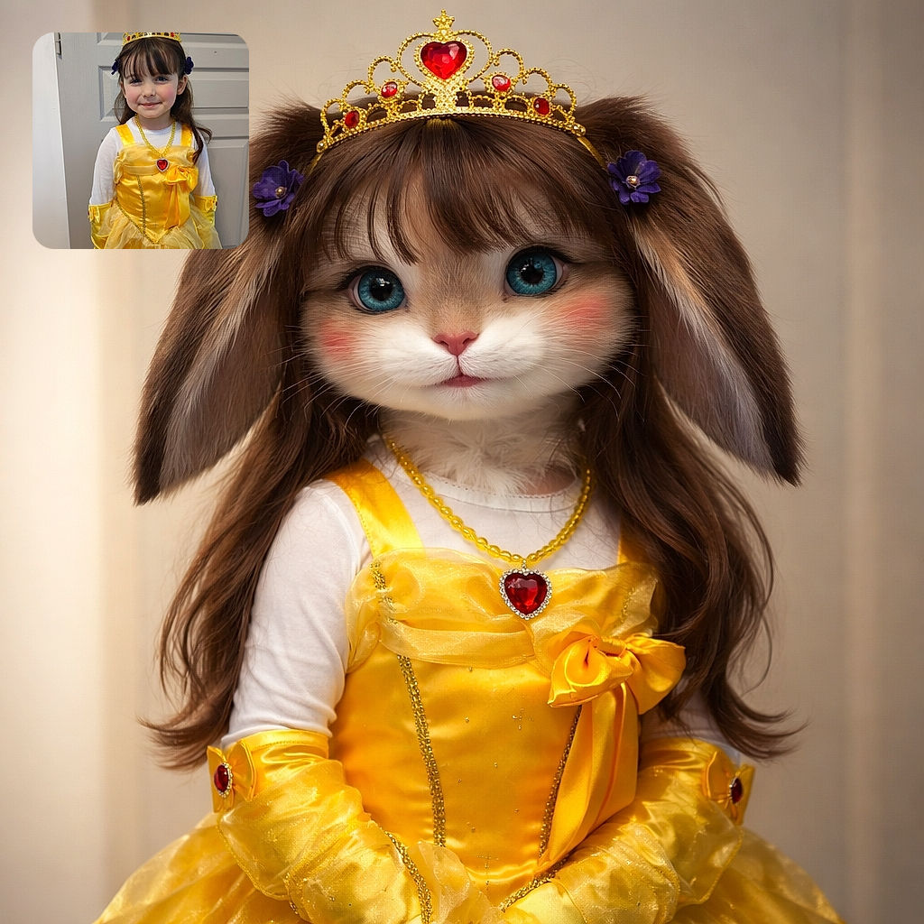 A cheerful little girl dressed as a princess in a bright yellow gown with matching gloves and a sparkling tiara, standing indoors with a playful smile and rosy cheeks.