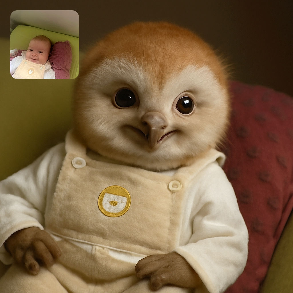 A happy baby lying on a green mattress with a pink pillow, wearing a cozy beige outfit and a white shirt, smiling gently while a pacifier rests nearby.