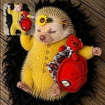A sleepy baby lies on a wooden floor in a sunshine-yellow knitted outfit, wearing a sunflower headband and cuddling a cheerful red teddy bear—apparently ready for a nap after a very serious teddy-bear tea party.