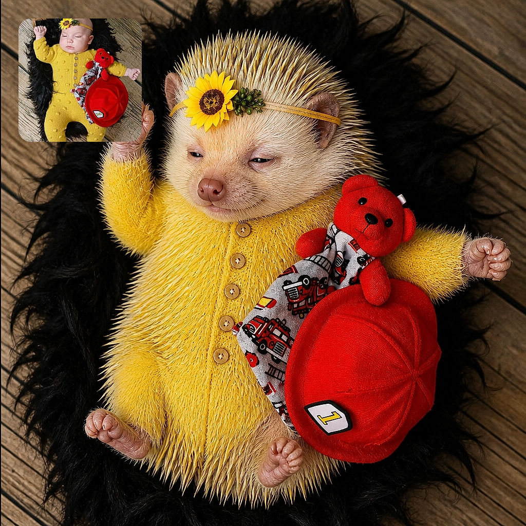 A sleepy baby lies on a wooden floor in a sunshine-yellow knitted outfit, wearing a sunflower headband and cuddling a cheerful red teddy bear—apparently ready for a nap after a very serious teddy-bear tea party.