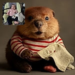 A chubby-cheeked baby wearing a red and white striped shirt lounges comfortably in a cushioned baby seat, surrounded by soft toys and a cozy blanket, looking curiously at the camera with wide eyes and a slightly open mouth.