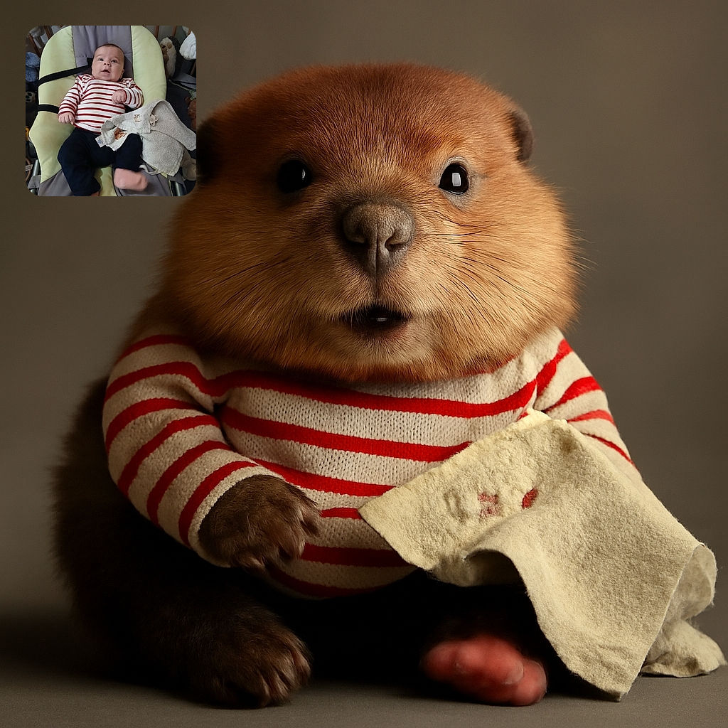 A chubby-cheeked baby wearing a red and white striped shirt lounges comfortably in a cushioned baby seat, surrounded by soft toys and a cozy blanket, looking curiously at the camera with wide eyes and a slightly open mouth.