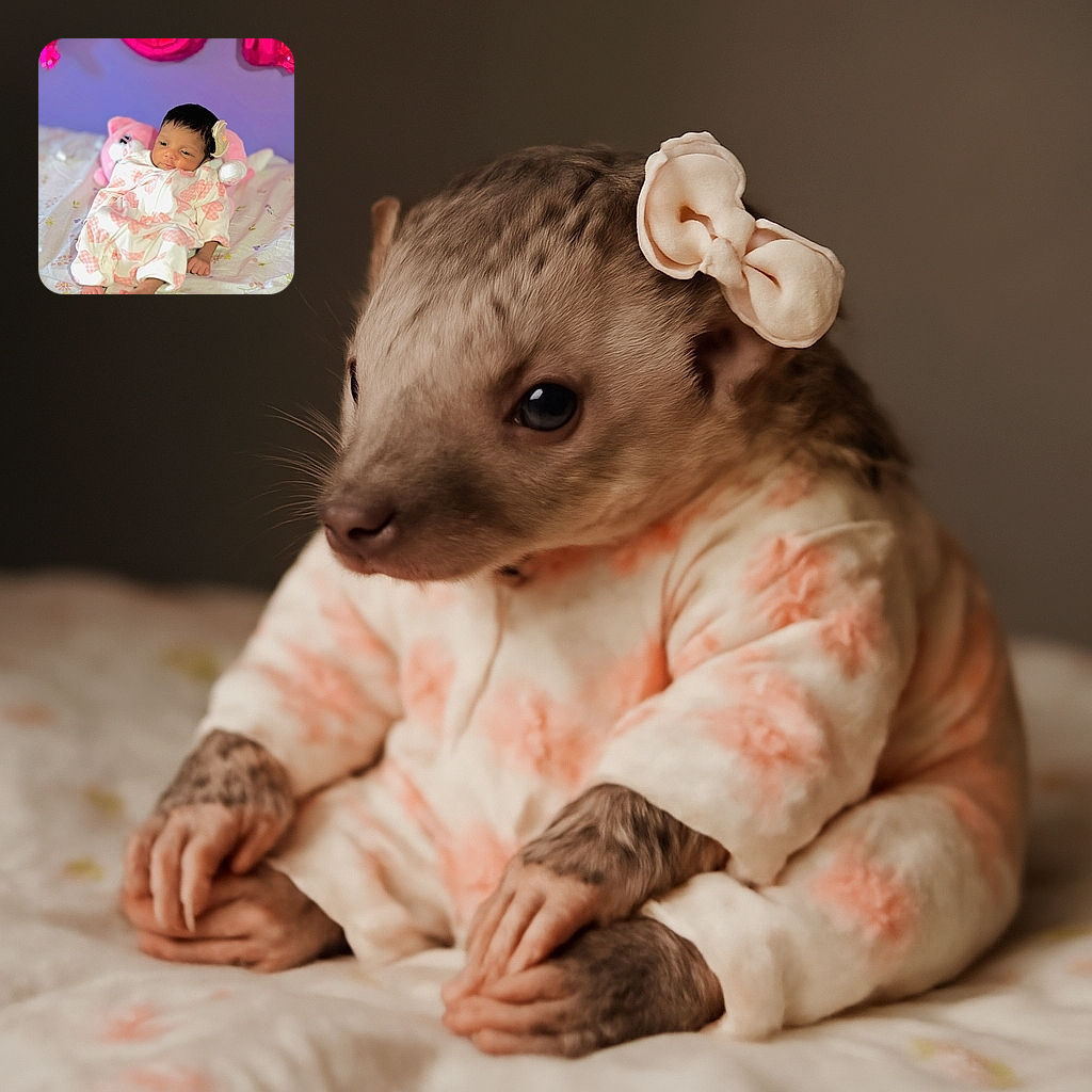 A tiny baby dressed in a cozy white onesie with pink hearts lounges on a floral bedspread, propped up against a soft pink stuffed animal. The background features large, shiny pink balloon letters on a purple wall, adding a festive vibe to this adorable and peaceful scene.