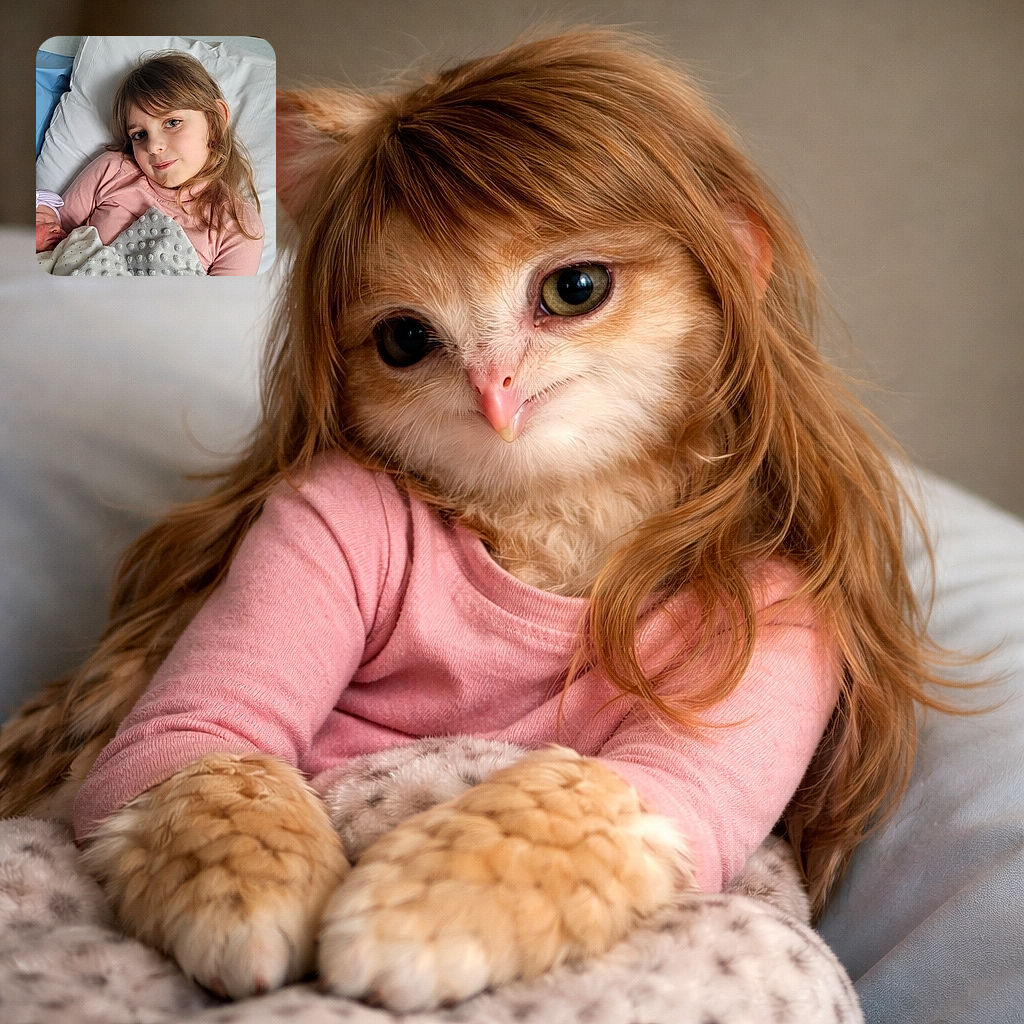 A cozy hospital scene where an adorable young girl in a pink shirt gently cradles a newborn baby wrapped in a soft blanket and wearing a cute purple hat with a bow, all nestled on a bed with white and blue pillows, radiating warmth and sibling love.