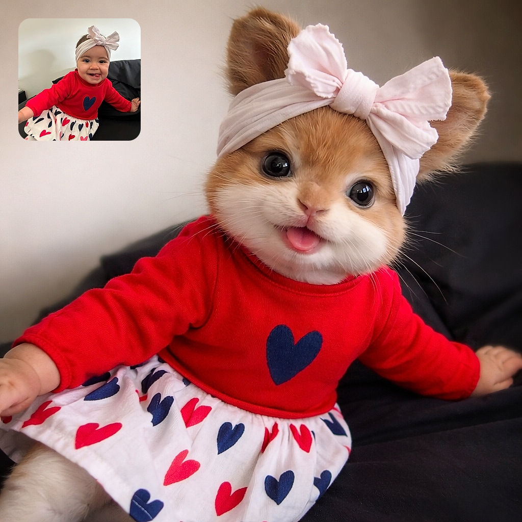 A cheerful baby in a giant bow and heart-patterned skirt leans toward the camera, tongue out and grin on full display — part tiny fashionista, part acrobat, all charm against a simple indoor backdrop.