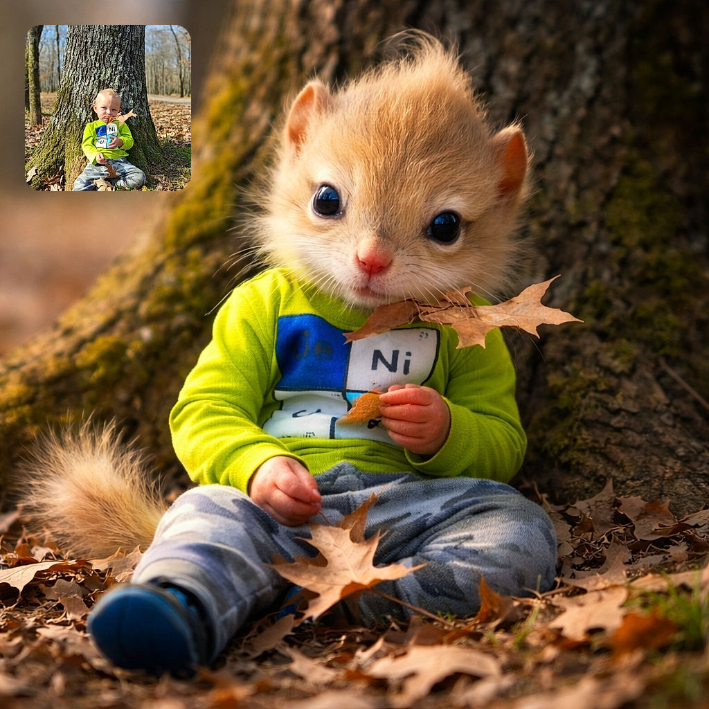 A serious-faced toddler in a neon green shirt lounges against a huge tree trunk, clutching an oak leaf like a tiny scepter. The tall bark and blurred winter woods form a dramatic vertical backdrop while a carpet of fallen leaves and one blue-soled shoe finish the cozy, slightly bemused outdoor portrait.