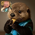 A chubby-cheeked baby is munching thoughtfully on a snack while strapped safely in a car seat with bird-patterned padding, eyes wandering curiously as if pondering the mysteries of the world or the snack itself.