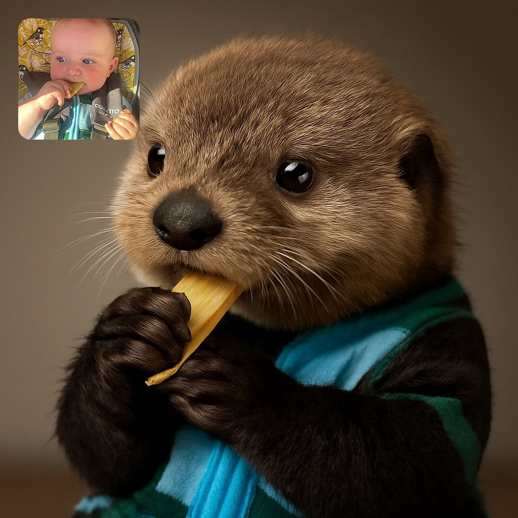 A chubby-cheeked baby is munching thoughtfully on a snack while strapped safely in a car seat with bird-patterned padding, eyes wandering curiously as if pondering the mysteries of the world or the snack itself.