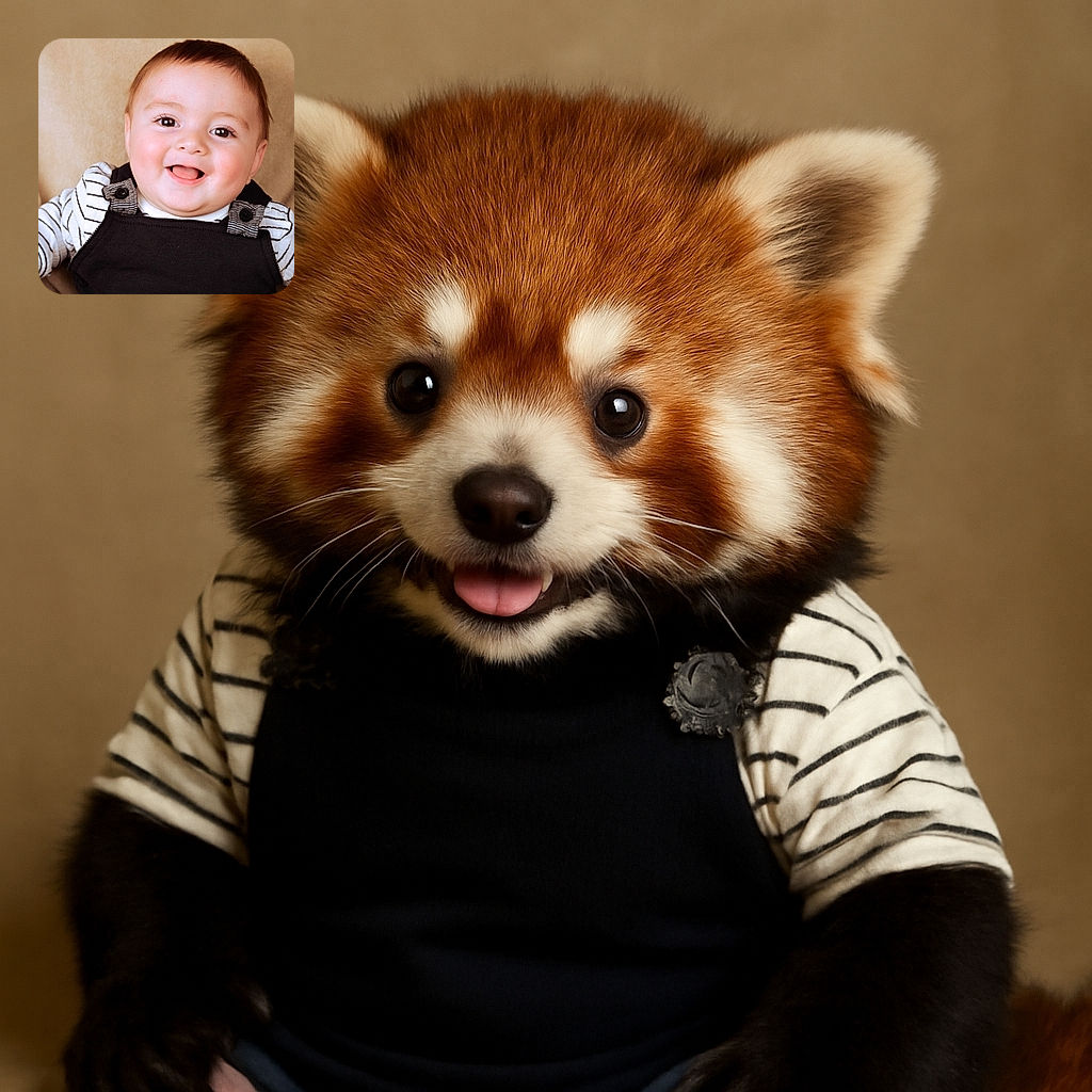 A joyful baby with sparkling eyes and a wide smile, dressed in a striped shirt and black overalls, sitting comfortably against a soft beige background, radiating pure happiness and innocence.