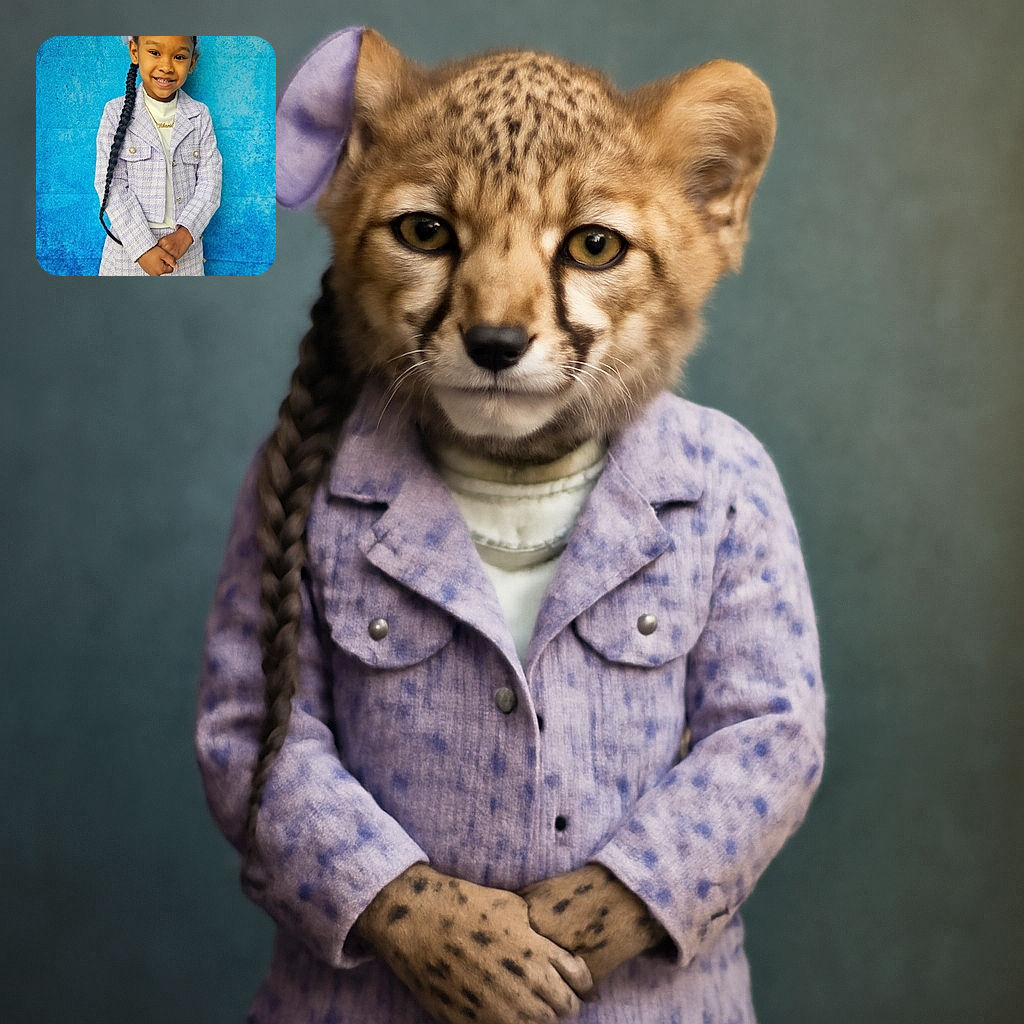 A charming young girl dressed in a stylish lavender plaid skirt suit, standing confidently against a vibrant blue backdrop. Her long braided hair is adorned with a matching lavender bow, and she smiles warmly at the camera, radiating innocence and joy. The photo includes a neat text overlay noting the school year and name, giving it a polished, school portrait vibe.
