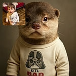 A curious toddler with a tiny nose scrape looks up with wide eyes, wearing a fun 'Best Dad in the Galaxy' shirt featuring a Darth Vader helmet, standing barefoot on a wooden parquet floor in a cozy, slightly cluttered room with laundry baskets and a bed in the background.