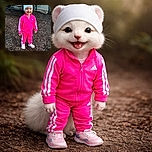 A cheerful toddler wearing a bright pink Adidas tracksuit and a white hat grins widely while standing on a bed of wood chips near a picnic table and chain-link fence in an outdoor park setting.