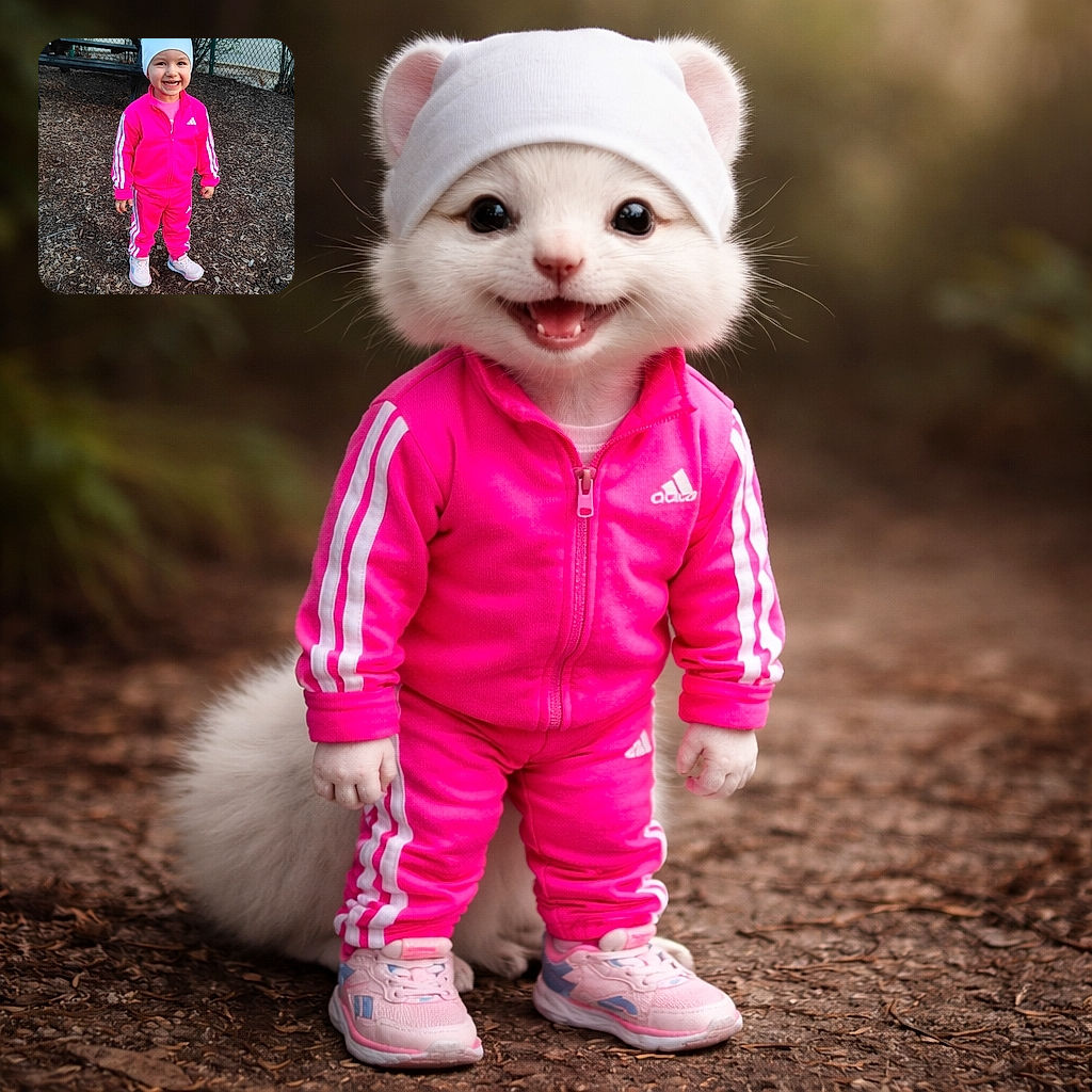 A cheerful toddler wearing a bright pink Adidas tracksuit and a white hat grins widely while standing on a bed of wood chips near a picnic table and chain-link fence in an outdoor park setting.