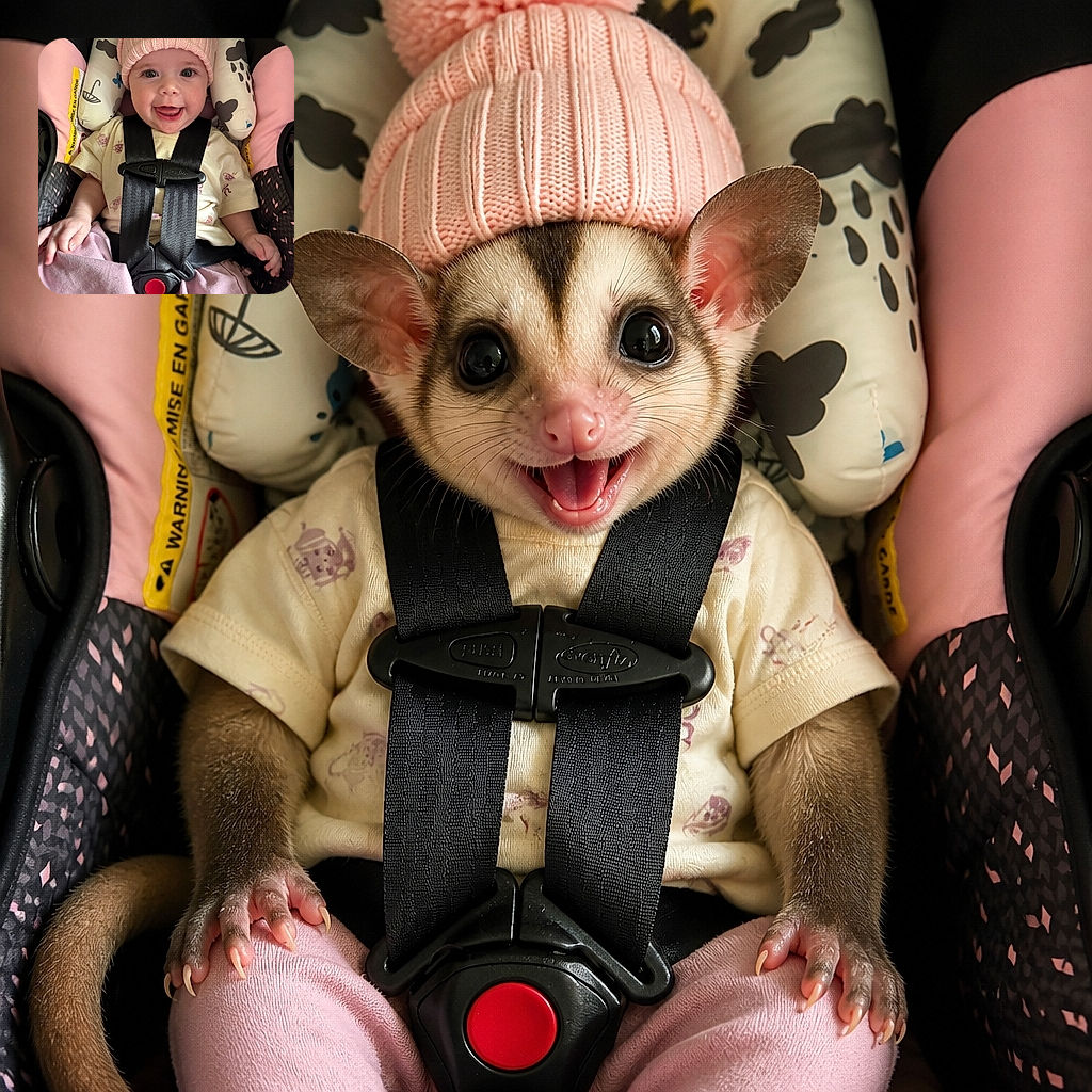 A cheerful baby beams from a snug car seat, looking like a tiny pink-hatted captain ready to buckle up for the world’s cutest road trip. The patterned cushions, soft blanket, and bright red harness button complete the cozy cockpit.