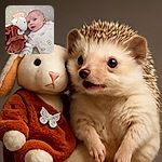 A wide-eyed baby in a cozy hedgehog-printed onesie snuggles up next to a soft, plush bunny with a butterfly sticker, all set against a moon-patterned blanket that makes nap time look extra dreamy.