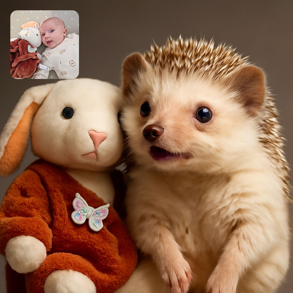 A wide-eyed baby in a cozy hedgehog-printed onesie snuggles up next to a soft, plush bunny with a butterfly sticker, all set against a moon-patterned blanket that makes nap time look extra dreamy.