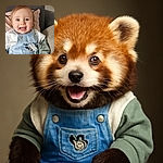 A joyful baby with sparkling eyes and a wide open smile, dressed in light denim overalls with a cute Mickey patch, sitting comfortably against a cozy grey couch and soft cushions, radiating pure happiness and innocence.