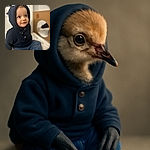 A cute toddler wearing a navy blue hooded jacket and jeans sits comfortably indoors, gazing off to the side with a curious and gentle expression. The background is softly blurred with a round mirror reflecting part of the scene, adding a cozy, homey vibe.