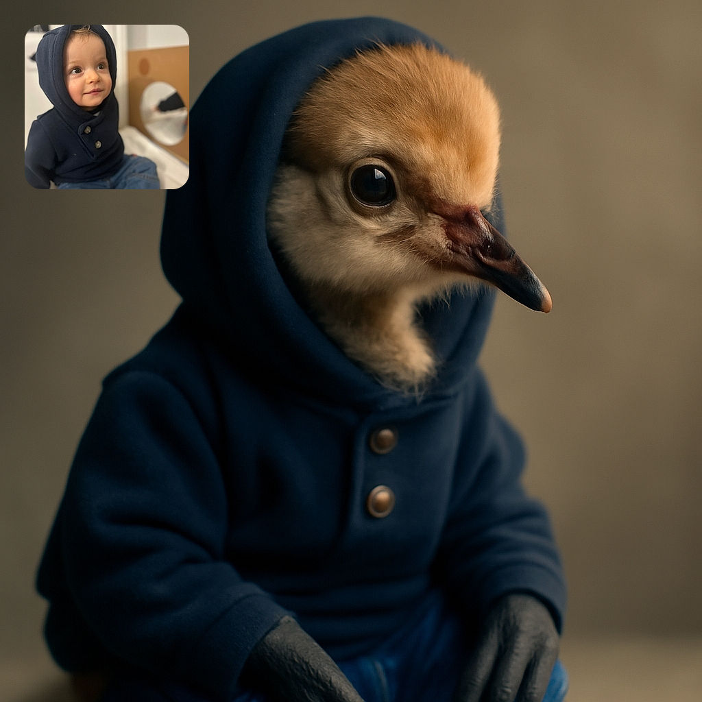 A cute toddler wearing a navy blue hooded jacket and jeans sits comfortably indoors, gazing off to the side with a curious and gentle expression. The background is softly blurred with a round mirror reflecting part of the scene, adding a cozy, homey vibe.