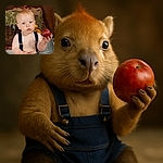 A curious baby with dirt smudges on the face and hands is holding a red potato, sitting in front of a rustic backdrop featuring hay, boots, and more potatoes, capturing a charming farm vibe.