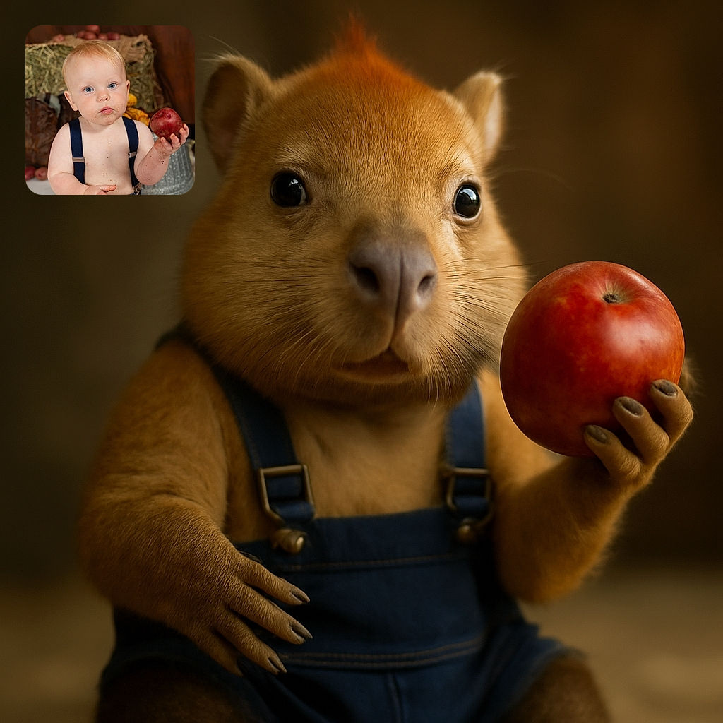 A curious baby with dirt smudges on the face and hands is holding a red potato, sitting in front of a rustic backdrop featuring hay, boots, and more potatoes, capturing a charming farm vibe.