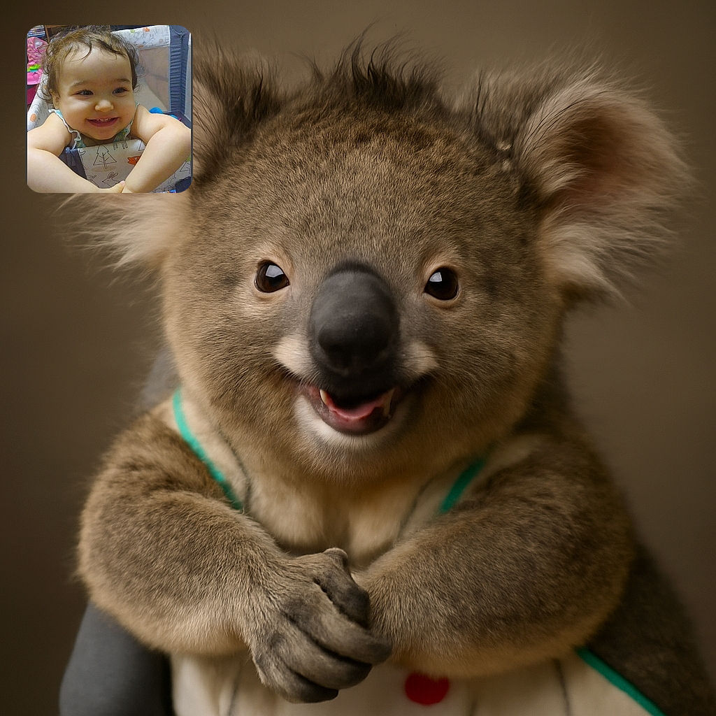 A cheerful toddler with curly hair smiles widely while leaning over the edge of a playpen decorated with animal and tree patterns. The background shows a cozy room with furniture and toys, and a faint text overlay is visible at the top of the image.