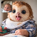 A wide-eyed baby with a bib and plaid shirt is being held by someone wearing a cream-colored top, looking curious and adorable with a pacifier in hand and a soft blanket nearby.