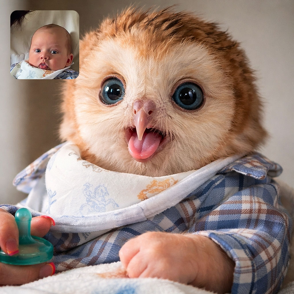 A wide-eyed baby with a bib and plaid shirt is being held by someone wearing a cream-colored top, looking curious and adorable with a pacifier in hand and a soft blanket nearby.