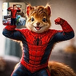 A young boy proudly flexes his muscles in a vibrant Spider-Man costume, standing on a couch surrounded by colorful blankets and clothes in a cozy, sunlit living room.