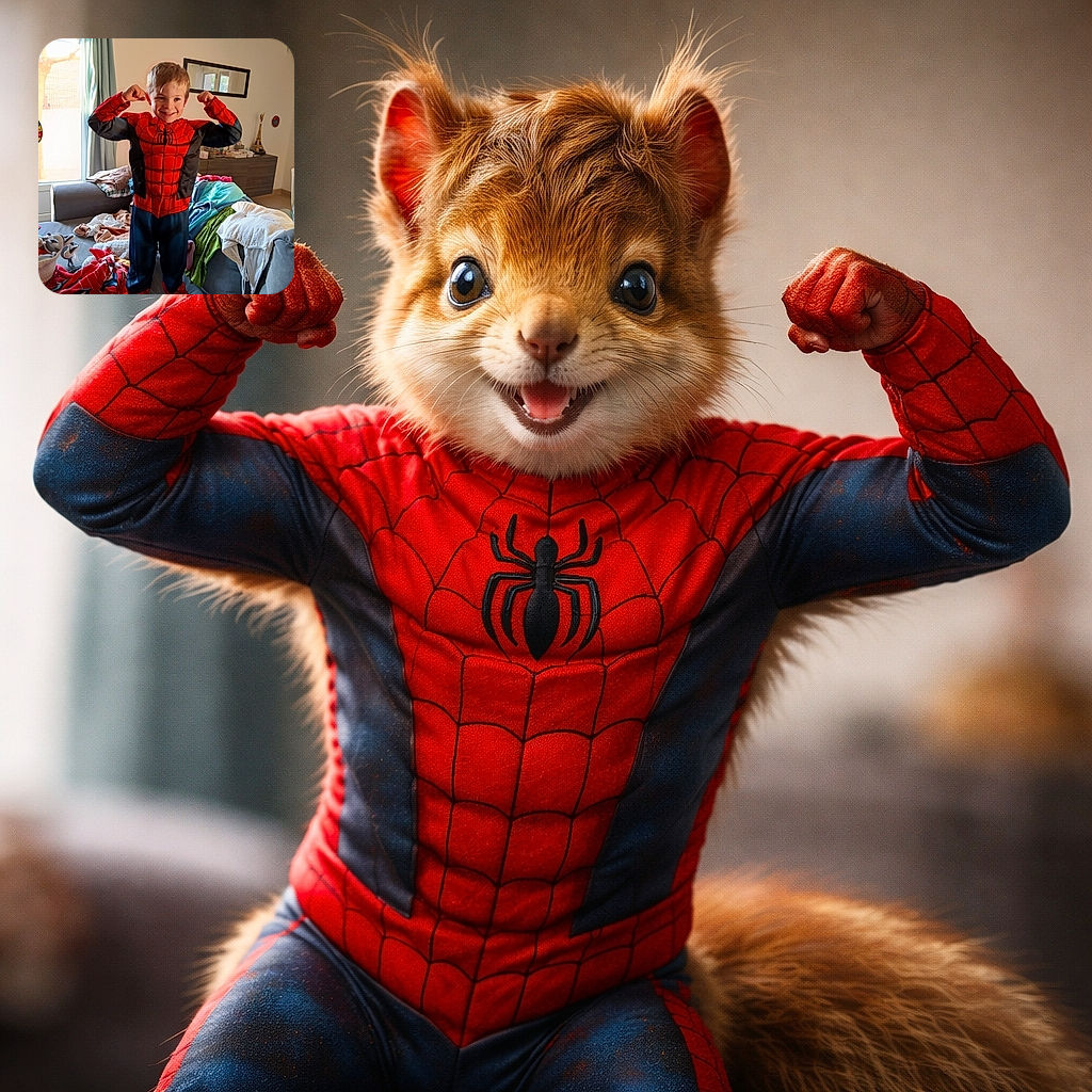 A young boy proudly flexes his muscles in a vibrant Spider-Man costume, standing on a couch surrounded by colorful blankets and clothes in a cozy, sunlit living room.