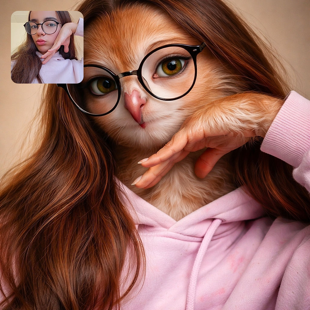A young person with long hair and large round glasses strikes a playful pose, resting their chin on a hand while pouting lips slightly. They're wearing a light pink hoodie with some red text partially visible, set against a plain indoor background with a bright light source above.