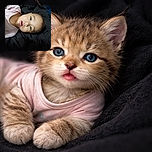 A close-up photo of a baby with striking blue eyes lying on a black blanket, wearing a light pink shirt, looking curiously with mouth slightly open, surrounded by soft textures.