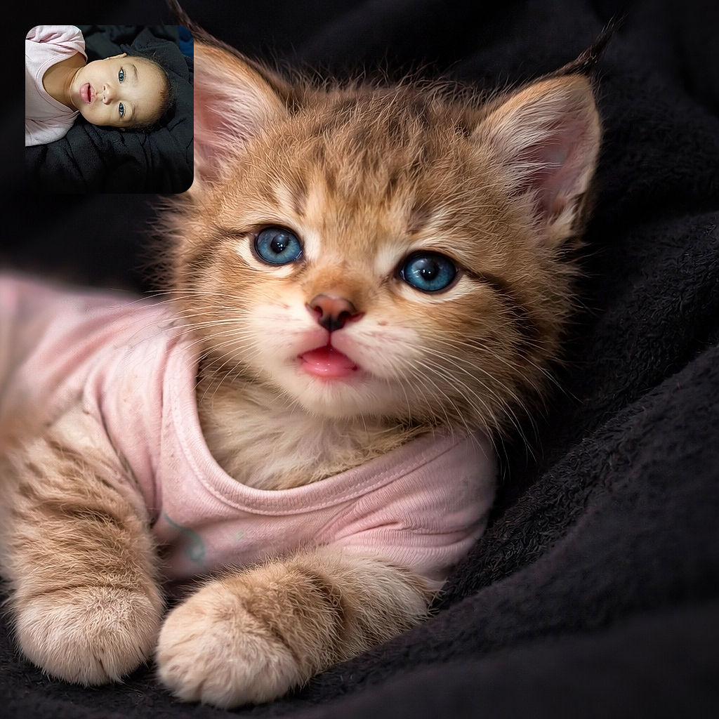 A close-up photo of a baby with striking blue eyes lying on a black blanket, wearing a light pink shirt, looking curiously with mouth slightly open, surrounded by soft textures.