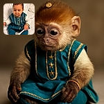 A cute baby dressed in a traditional teal outfit with gold trim sits on a white textured bedspread, holding a white object and a small orange toy, with a small flower hair clip adorning their hair and a peaceful expression on their face.