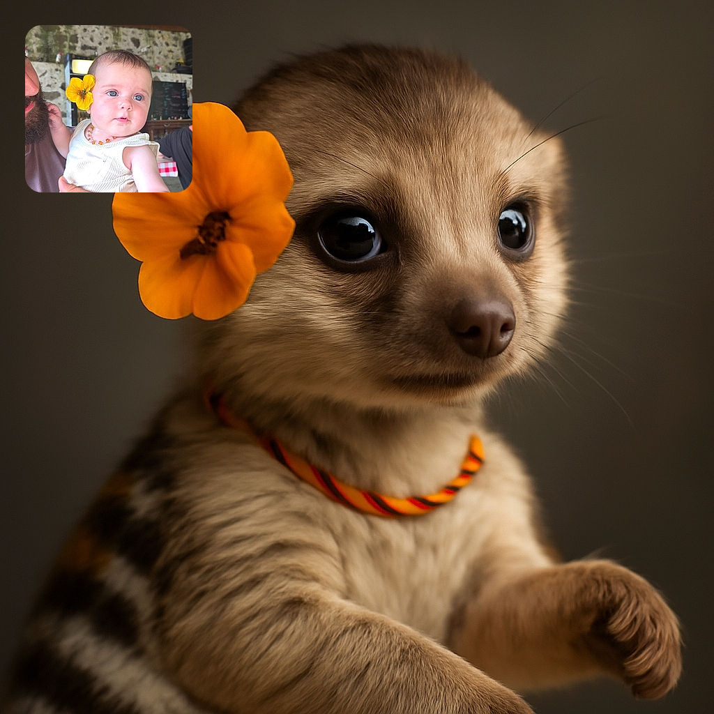 A bright-eyed baby adorned with a vibrant yellow flower behind the ear is being lovingly held by an adult with a beard, set against a rustic stone wall and corrugated metal roof background, capturing a candid moment full of charm and innocence.
