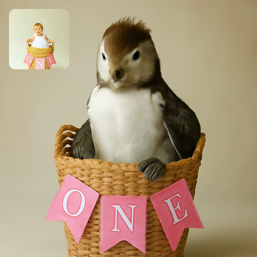 A charming baby dressed in a fluffy white dress stands inside a woven basket, holding onto its handles. The basket is decorated with pink banners spelling out 'ONE', marking a first birthday celebration. The soft, neutral background highlights the adorable subject, capturing a sweet and memorable milestone moment.