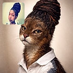 A young person with intricately styled hair piled high looks at the camera with a calm, slightly pensive expression against a plain wall background with hooks.