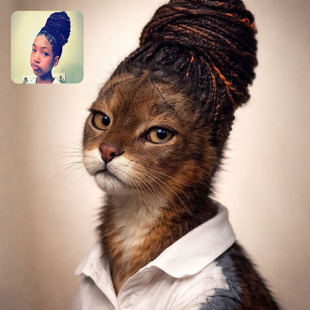 A young person with intricately styled hair piled high looks at the camera with a calm, slightly pensive expression against a plain wall background with hooks.