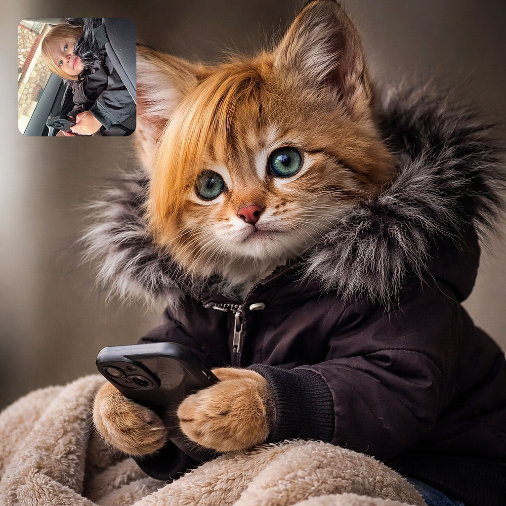 A young child with bright blue eyes bundled up in a fluffy black coat sits comfortably in a car seat, clutching a smartphone with intense curiosity. The cozy beige blanket adds a touch of warmth, while the stone wall outside the car window peeks through, making it a candid moment of modern childhood adventure.