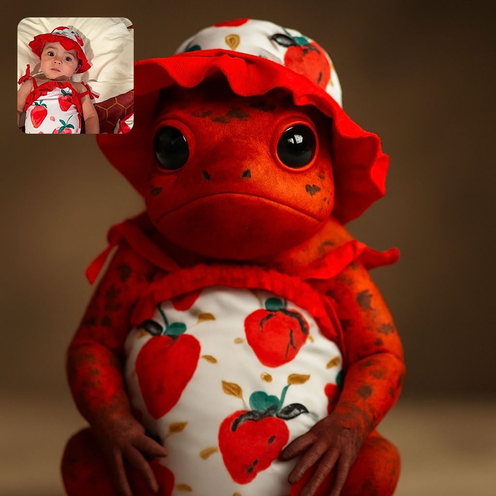 A curious baby wearing a strawberry-themed swimsuit and matching hat lies on a bed with white pillows and a red blanket, looking wide-eyed at the camera as if wondering about the mysteries of the world.