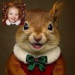 A joyful toddler with wild, spiky hair smiles brightly in a festive red outfit with a fluffy white collar and green bow, set against a warm, glowing background of holiday lights.