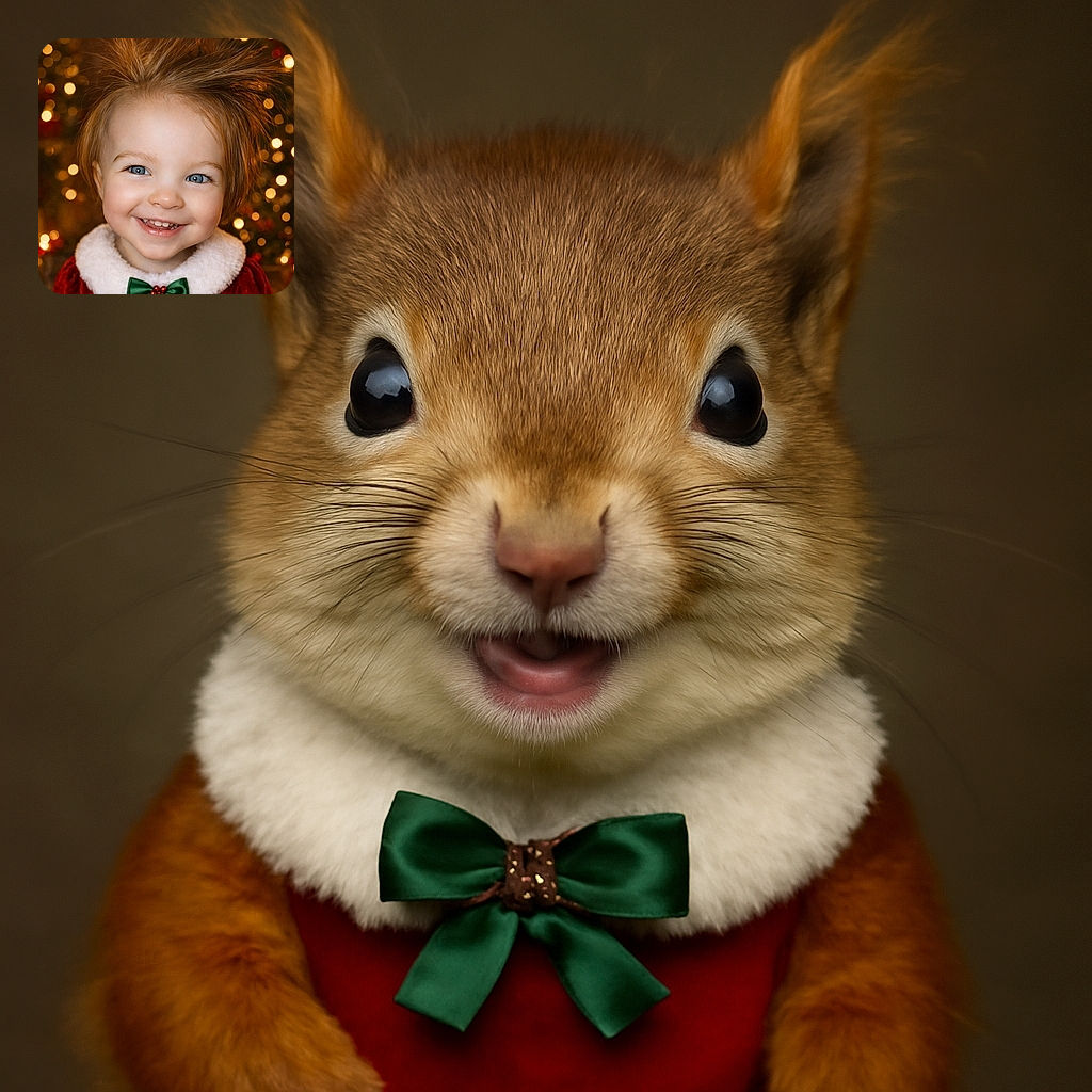 A joyful toddler with wild, spiky hair smiles brightly in a festive red outfit with a fluffy white collar and green bow, set against a warm, glowing background of holiday lights.