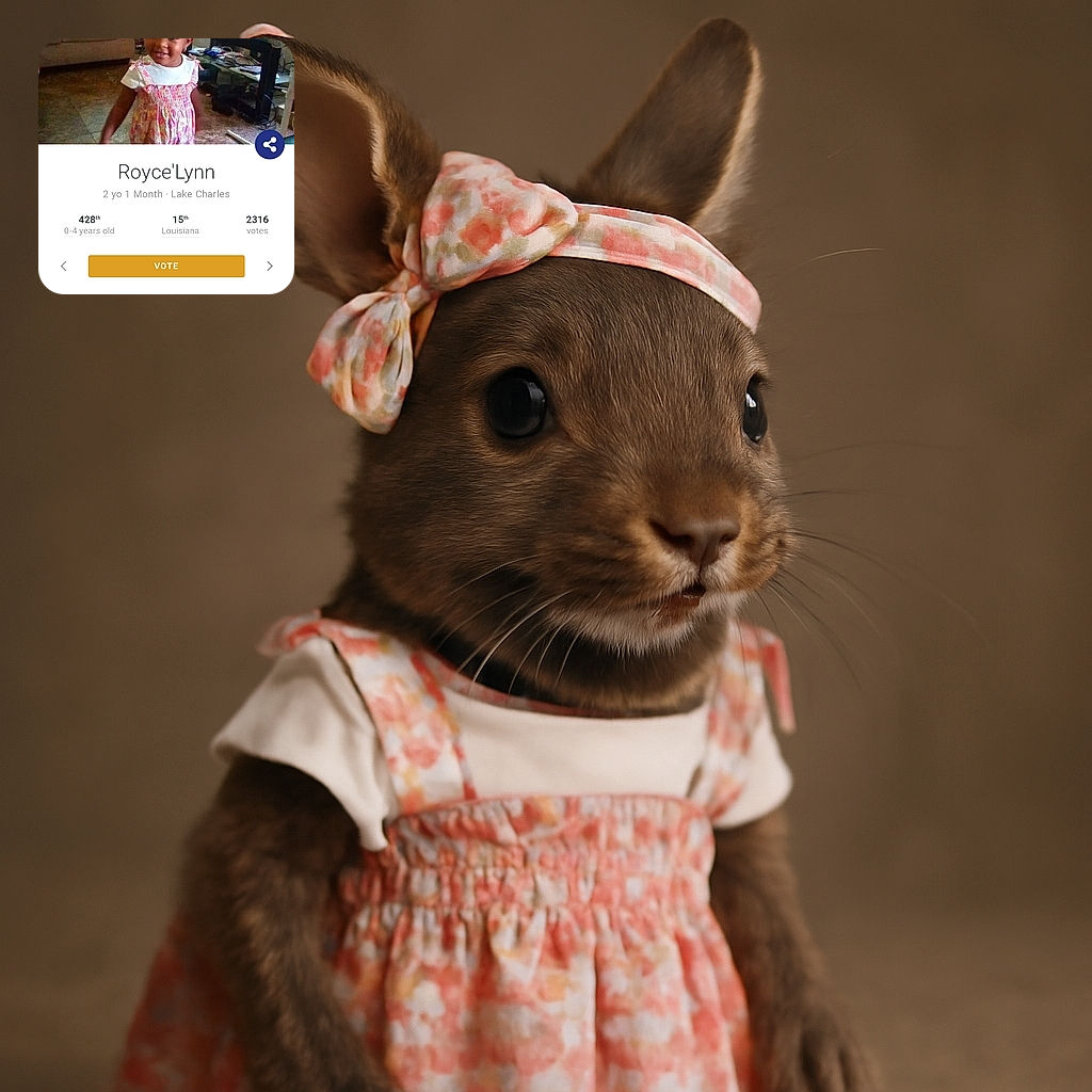 A cute toddler girl dressed in a floral dress and matching headband smiles shyly in a cozy living room filled with a couch, stuffed animal, and a TV playing in the background. The image is part of a child beauty pageant voting page with text overlays and website UI elements.