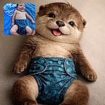 A chubby-cheeked baby lying on a bright blue towel outdoors, grinning mischievously while sporting a patterned cloth diaper, with a soft blue cloth beside them and green grass in the background.