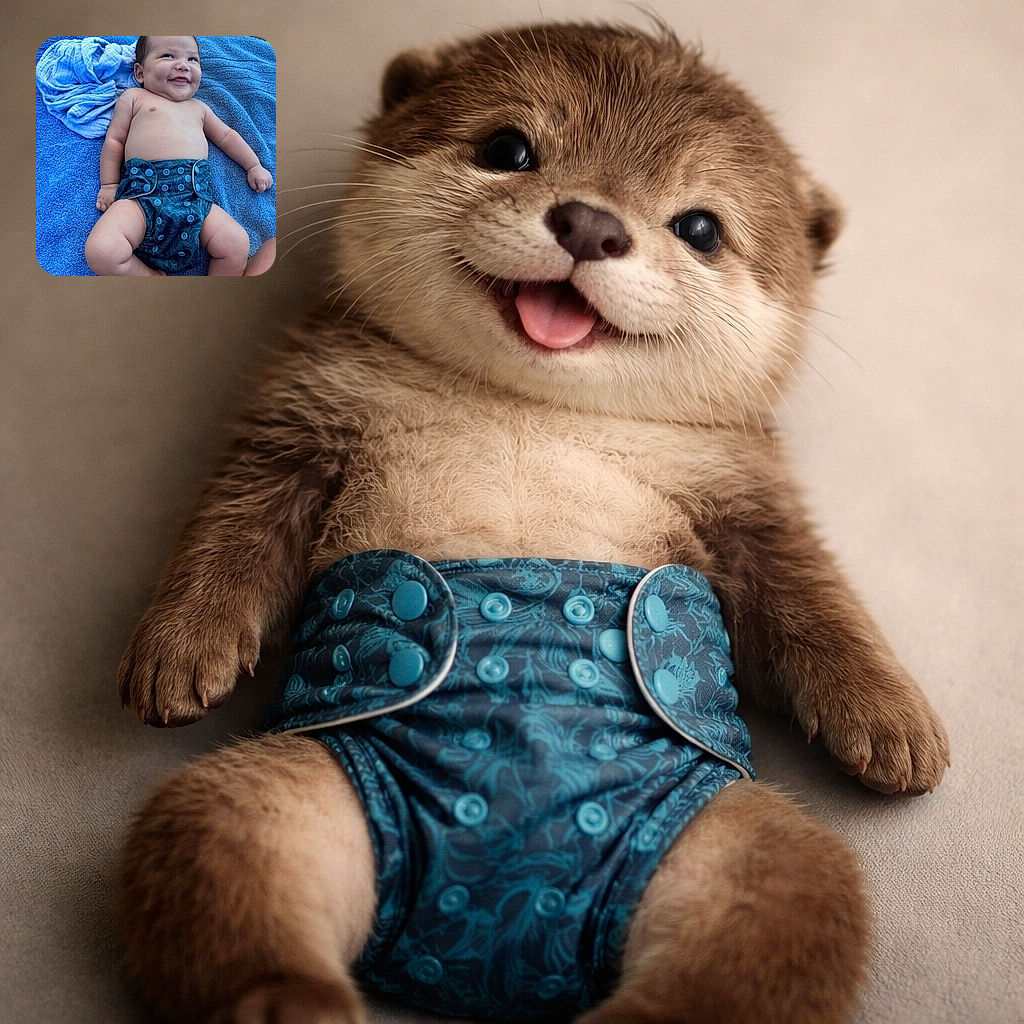 A chubby-cheeked baby lying on a bright blue towel outdoors, grinning mischievously while sporting a patterned cloth diaper, with a soft blue cloth beside them and green grass in the background.