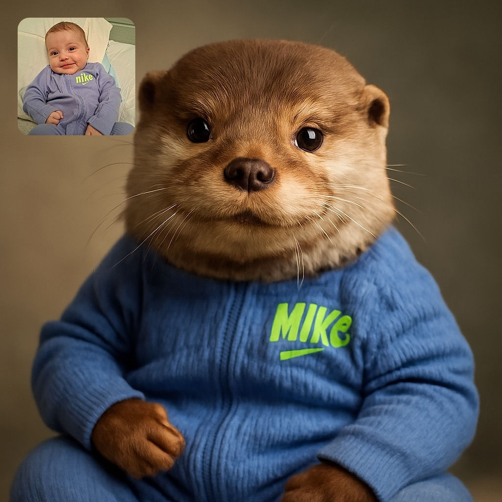 A smiling baby dressed in a cozy purple Nike onesie reclines comfortably against a white pillow, eyes sparkling with innocence and joy, ready to melt hearts with every adorable grin.