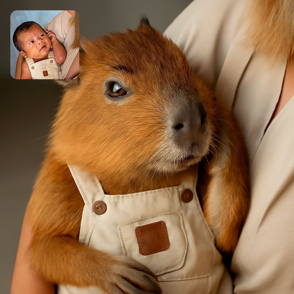A tender moment captured between a newborn baby in cream overalls and a loving adult holding them gently, with soft natural light highlighting the baby's curious expression and delicate features.