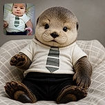 A wide-eyed baby lounges like a tiny executive in training, wearing a remarkably serious striped tie while reclining on a cozy patterned bed.